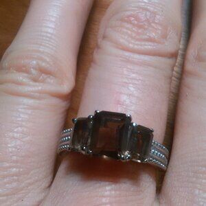 Brazilian Smokey Quartz Stainless Steel Three Stone Fancy Ring (Size 8)